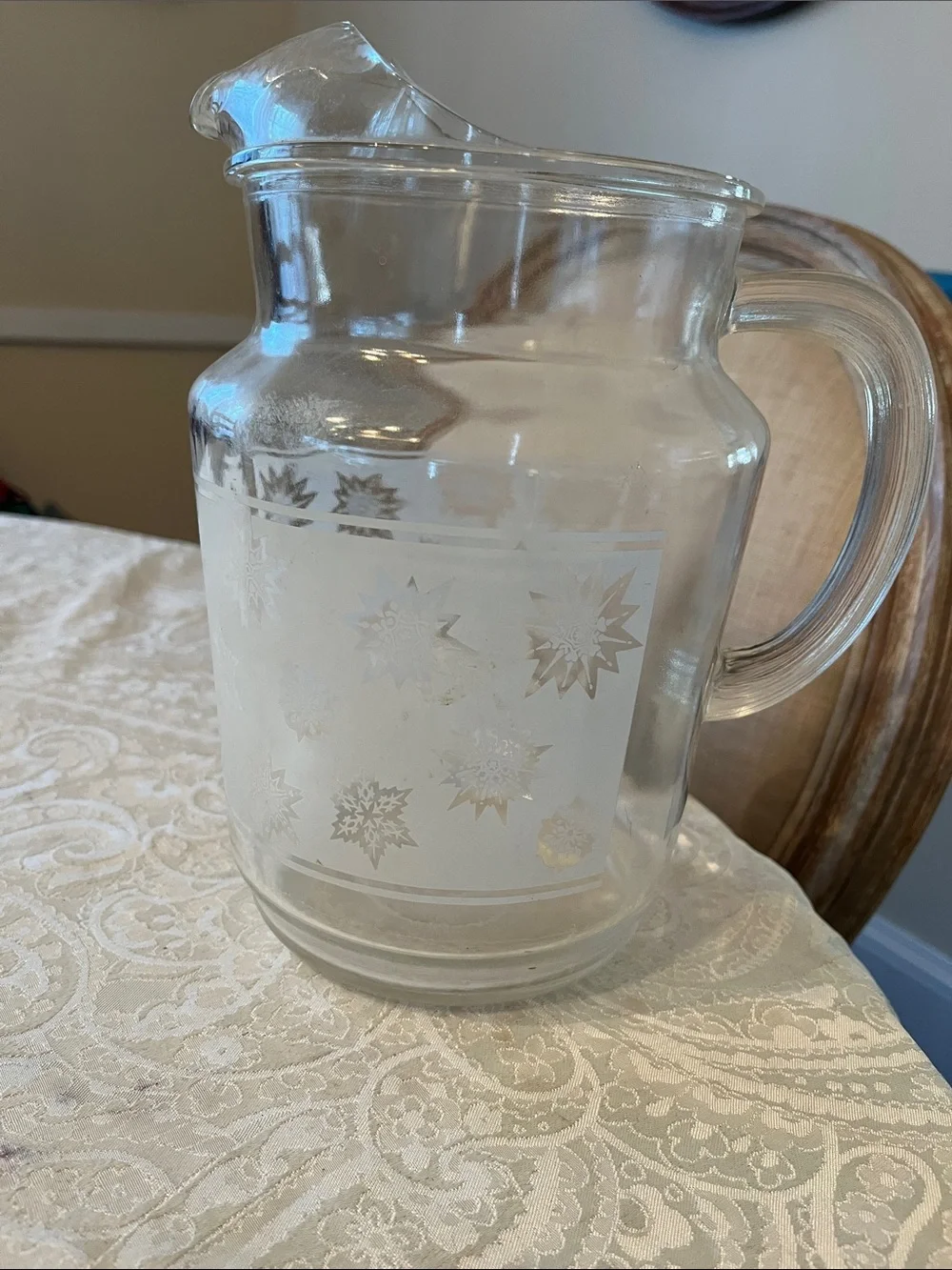 Vintage Federal Glass Frosted MCM Atomic Snowflake Pitcher Clear White EUC!